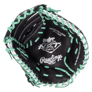Top-down view of a black Rawlings NXT Series baseball glove with mint green lacing and silver accents.