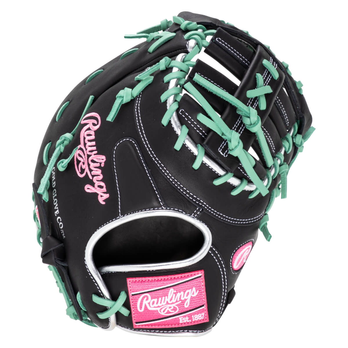 Top-down view of a black baseball glove with mint green lacing and a pink Rawlings logo patch.