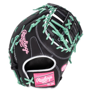 Top-down view of a black baseball glove with mint green lacing and a pink Rawlings logo patch.