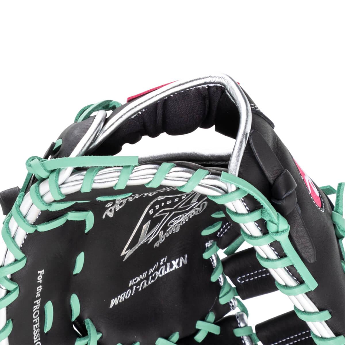 Close-up of a black baseball glove with mint green lacing and silver accents, showing the Rawlings logo and "NXTDC TU-10BM".