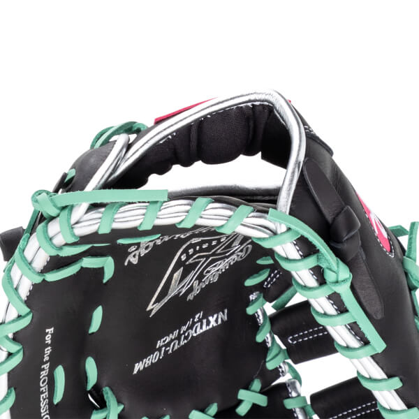 Close-up of a black baseball glove with mint green lacing and silver accents, showing the Rawlings logo and "NXTDC TU-10BM".