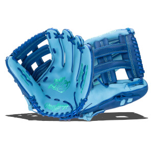 Front view of a light blue baseball glove with dark blue lacing and "Rawlings" logo.