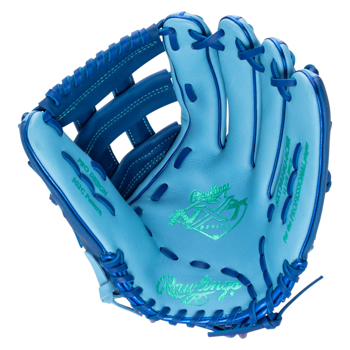 Top-down view of a light blue baseball glove with dark blue lacing and green "Rawlings" and "PRO DESIGN 302C Pattern" text.