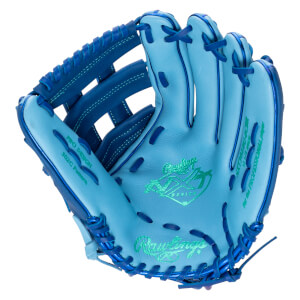 Top-down view of a light blue baseball glove with dark blue lacing and green "Rawlings" and "PRO DESIGN 302C Pattern" text.