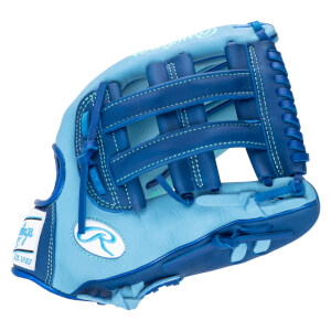 Side view of a light blue and dark blue baseball glove with "Rawlings" and "Est. 1887" visible.