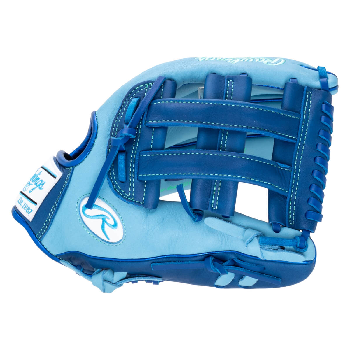 Side view of a light blue Rawlings baseball glove with dark blue lacing and a white Rawlings logo.