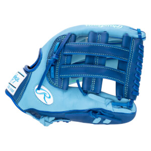 Side view of a light blue Rawlings baseball glove with dark blue lacing and a white Rawlings logo.