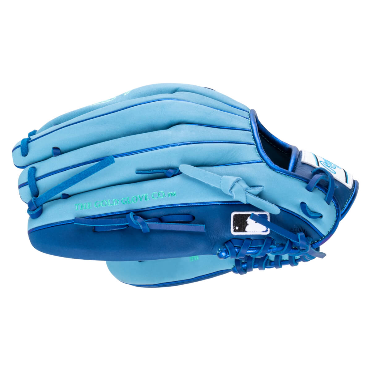 Side view of a light blue baseball glove with dark blue accents and the MLB logo.