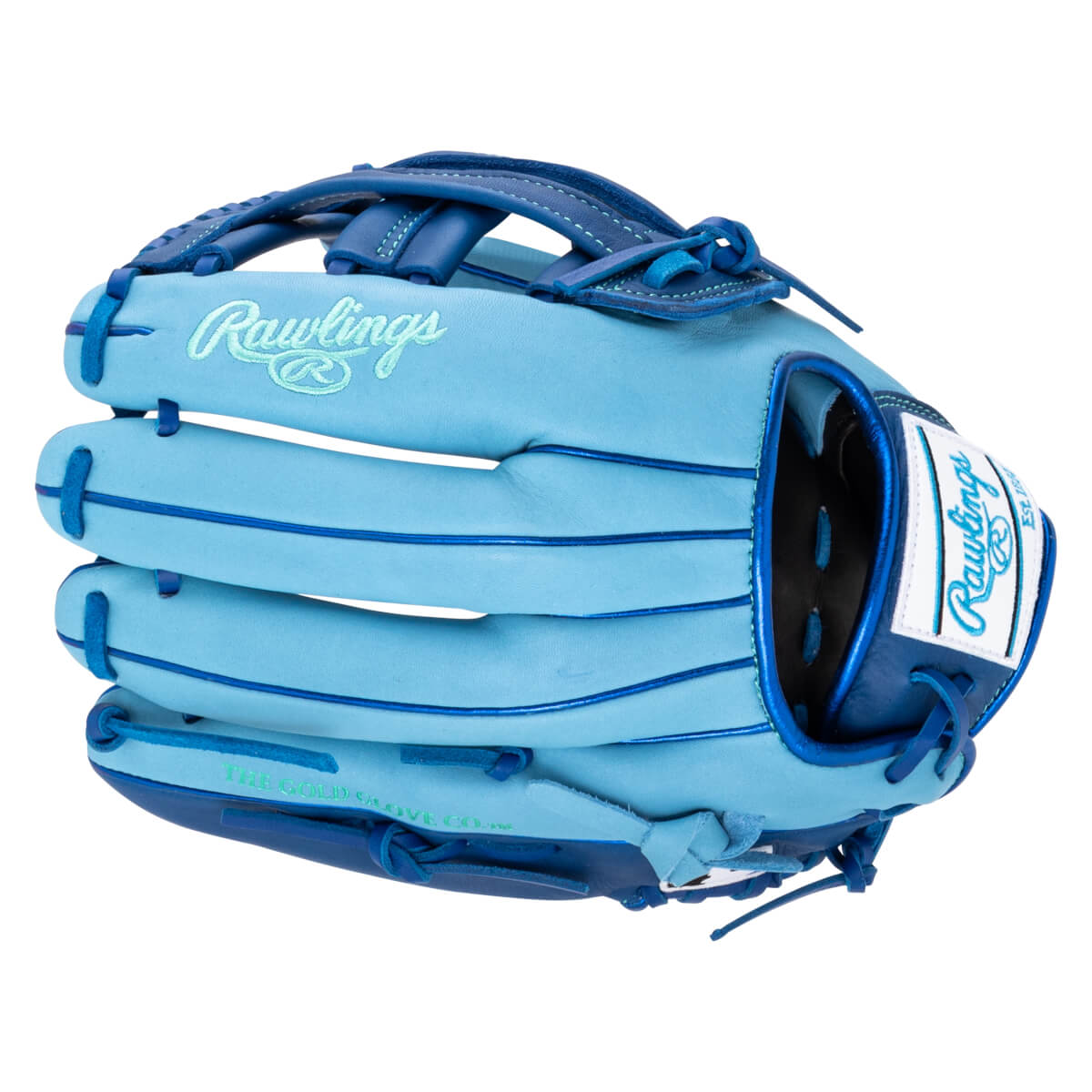 Front view of a light blue Rawlings baseball glove with dark blue lacing and a white label.