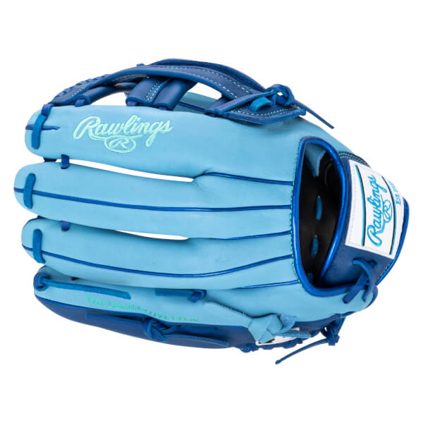 Front view of a light blue Rawlings baseball glove with dark blue lacing and a white label.