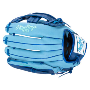 Front view of a light blue Rawlings baseball glove with dark blue lacing and a white label.