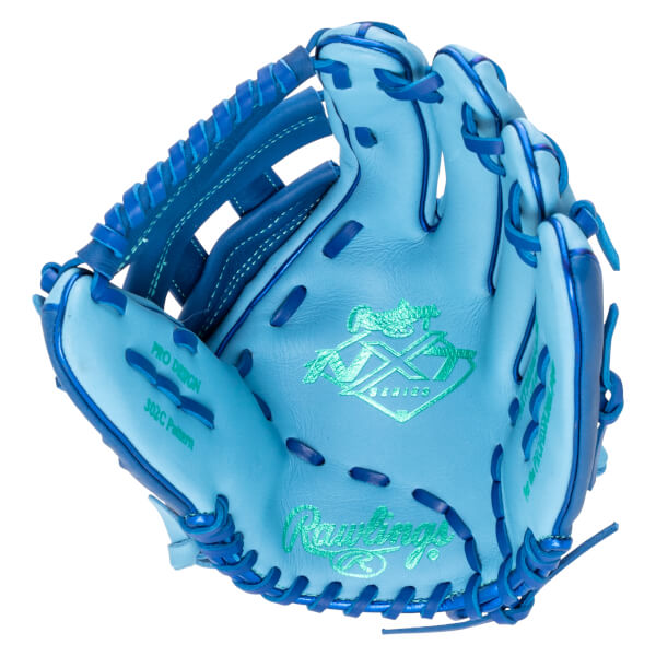 Top-down view of a light blue baseball glove with dark blue lacing, featuring "Rawlings" and "PRO DESIGN 302C Pattern" text.