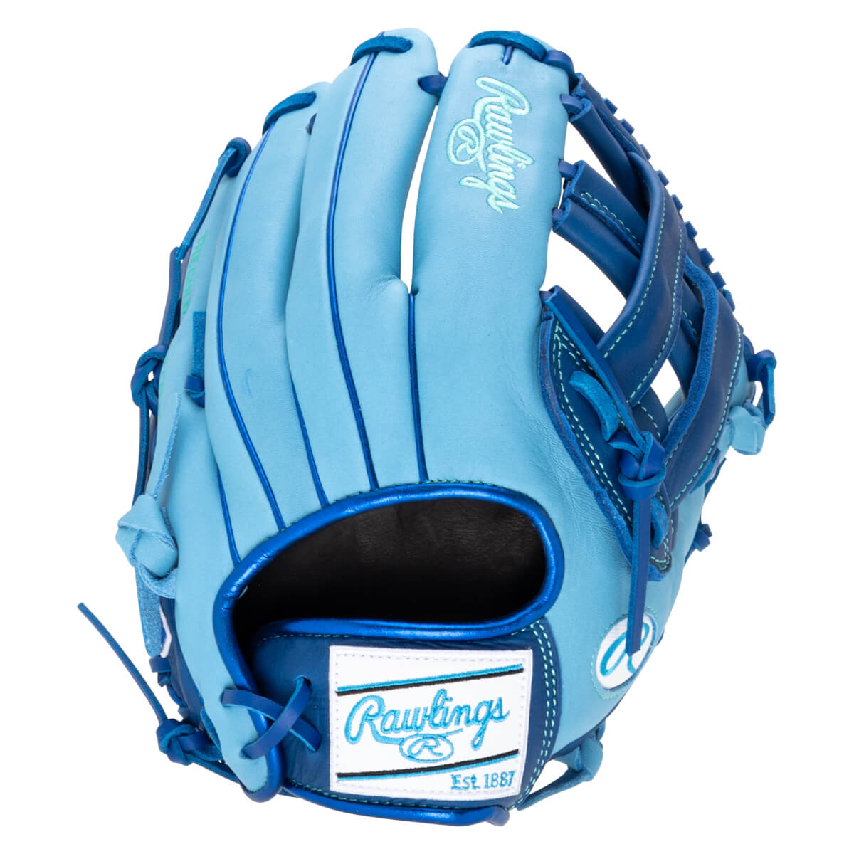 Front view of a light blue baseball glove with dark blue lacing and a white Rawlings logo patch.