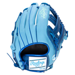 Front view of a light blue baseball glove with dark blue lacing and a white Rawlings logo patch.