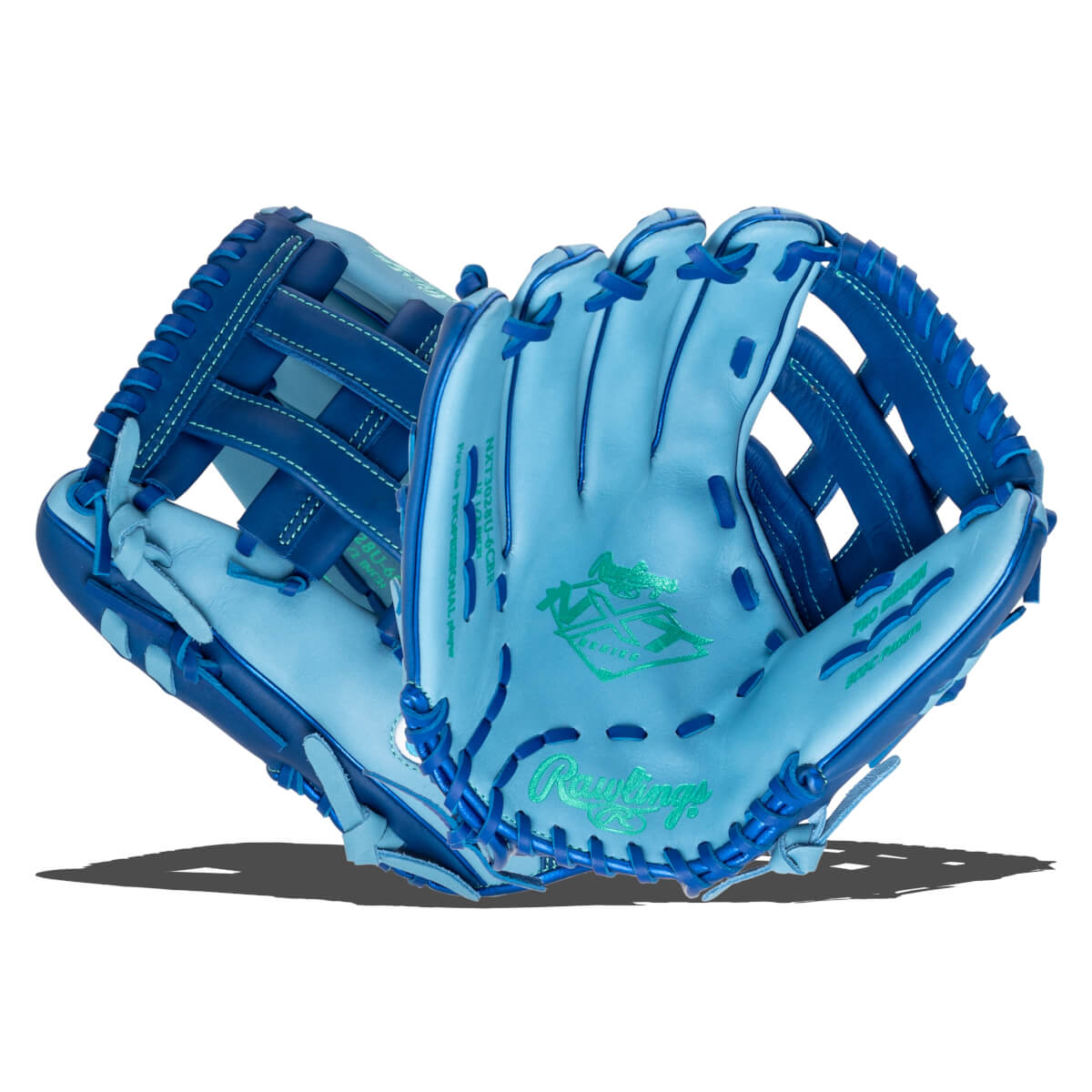 Front view of two light blue baseball gloves with dark blue lacing and green Rawlings and NXT logos.