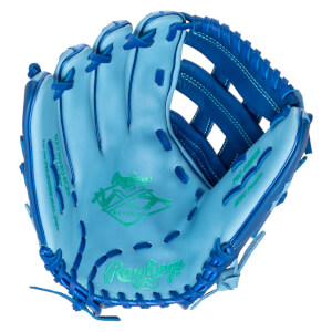 Front view of a light blue baseball glove with blue lacing, featuring "Rawlings" and "NXT SERIES" logos.