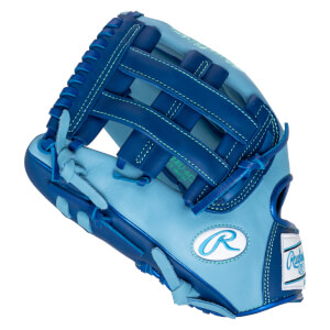 Side view of a blue and light blue baseball glove with "Rawlings" logo and stitching.