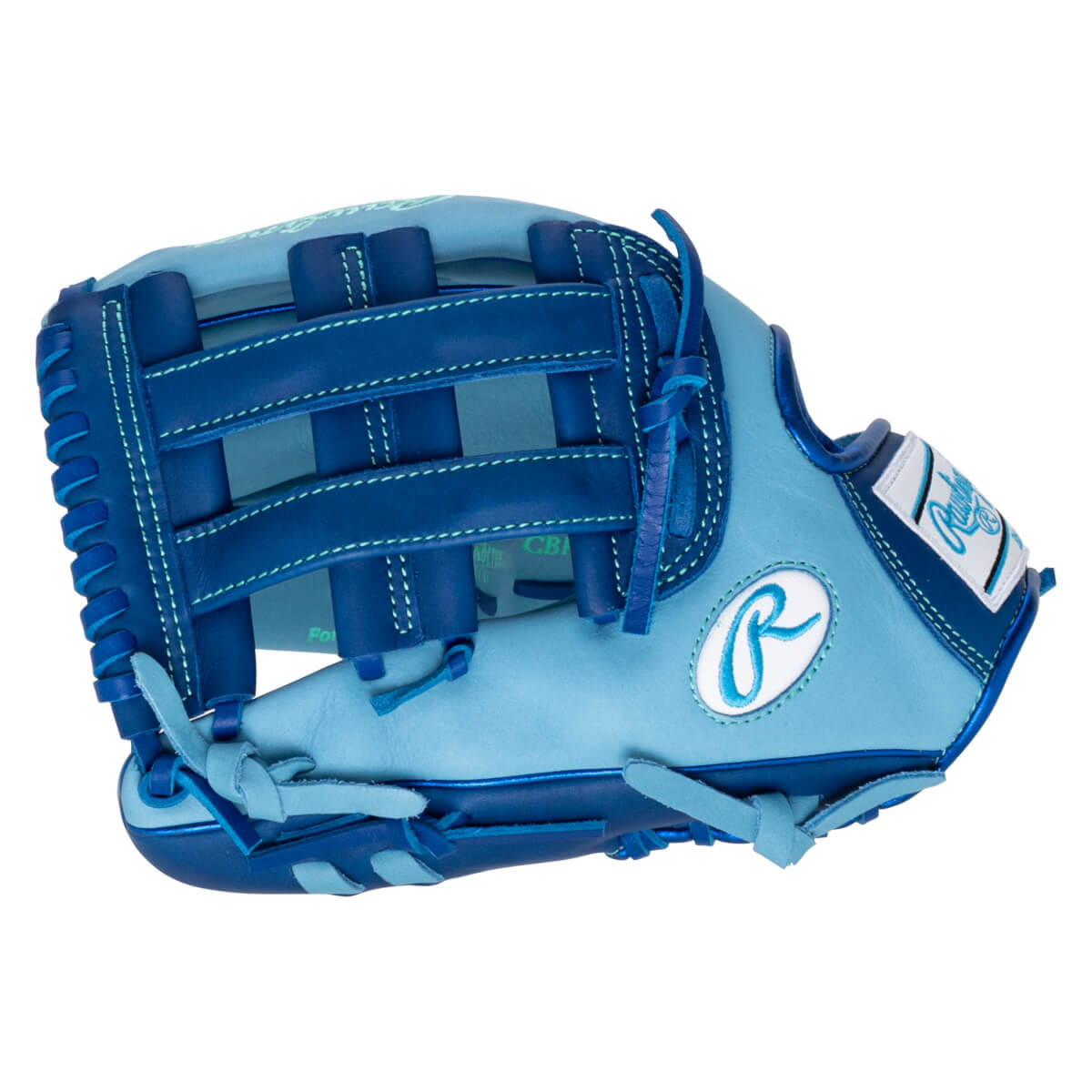 Side view of a light blue and dark blue baseball glove with a Rawlings logo and light blue stitching.