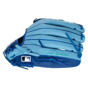 Side view of a light blue baseball glove with dark blue accents, featuring the MLB logo and "THE GOLD GLOVE CO.â„¢" text.