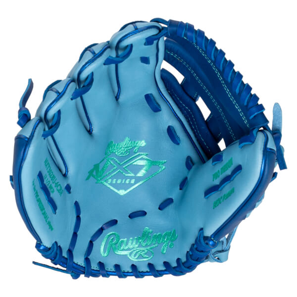 Top-down view of a light blue Rawlings baseball glove with blue lacing and "Rawlings" and "X SERIES" logos.