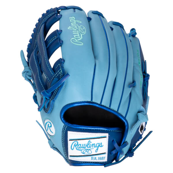 Front view of a light blue Rawlings baseball glove with dark blue accents and "Rawlings Est. 1887" on a white label.