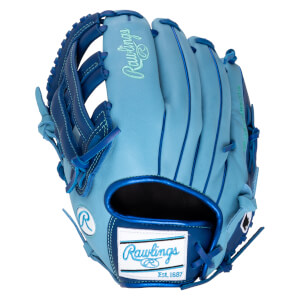 Front view of a light blue Rawlings baseball glove with dark blue accents and "Rawlings Est. 1887" on a white label.