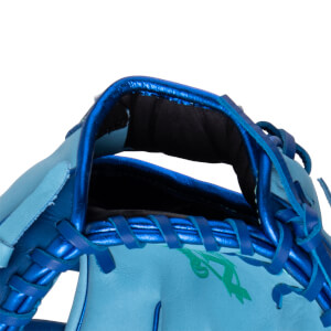 Close-up of a light blue baseball glove showing metallic blue lacing and a green embroidered design.