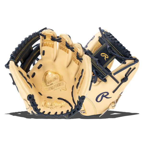 Front view of a tan Rawlings baseball glove with navy lacing and gold accents, featuring the Rawlings "R" logo.
