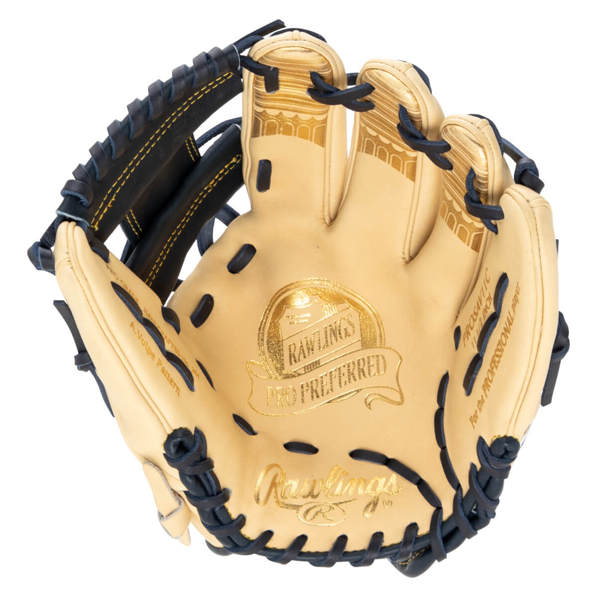Top-down view of a tan Rawlings Pro Preferred baseball glove with gold lettering and navy lacing.