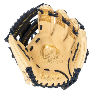 Top-down view of a tan Rawlings Pro Preferred baseball glove with gold lettering and navy lacing.