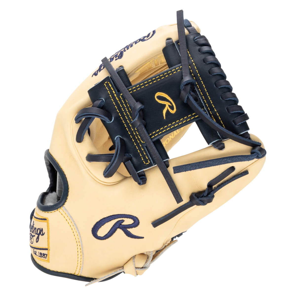 Top-down view of a tan Rawlings baseball glove with navy blue accents and yellow stitching, featuring the Rawlings "R" logo.
