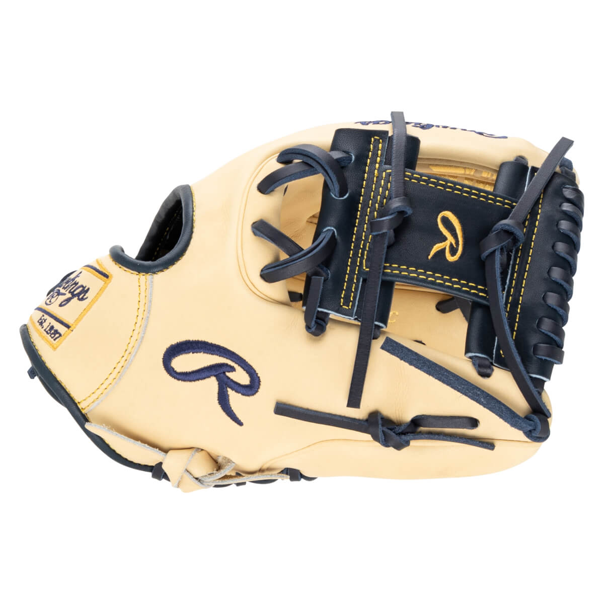 Top-down view of a tan baseball glove with navy blue laces and stitching, featuring a navy "R" logo and "Est. 1887" text.