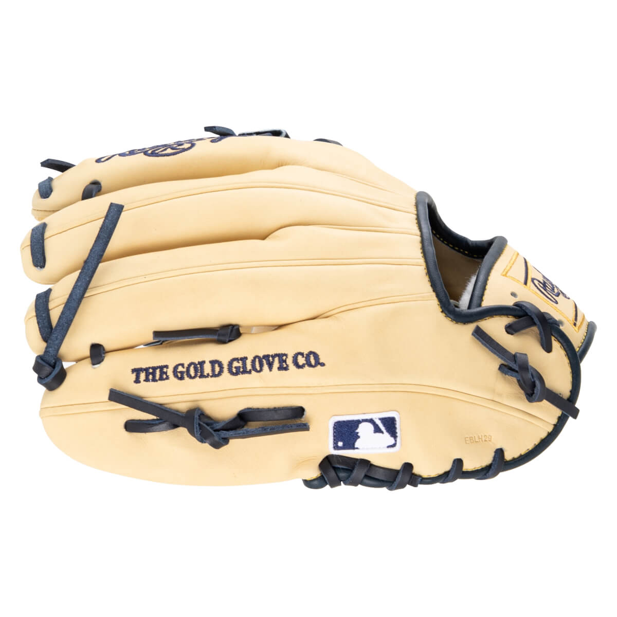 Side view of a tan baseball glove with navy lacing, featuring "THE GOLD GLOVE CO." text and an MLB logo.