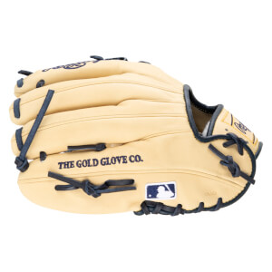 Side view of a tan baseball glove with navy lacing, featuring "THE GOLD GLOVE CO." text and an MLB logo.
