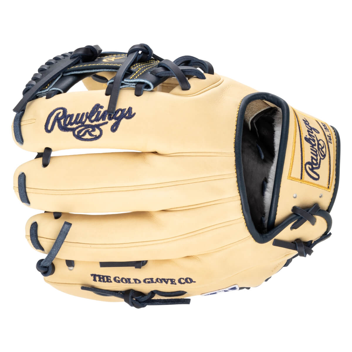 Front view of a tan baseball glove with navy blue Rawlings embroidery and "THE GOLD GLOVE CO." text.