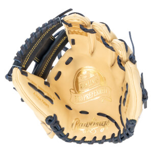 Top-down view of a tan Rawlings Pro Preferred baseball glove with gold lettering and dark blue lacing.