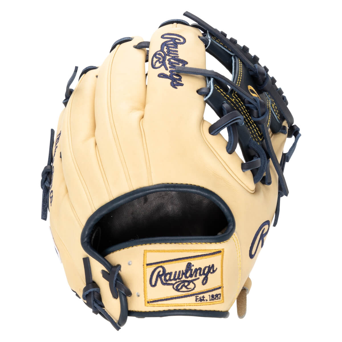 Front view of a tan Rawlings baseball glove with navy blue lacing and a "Rawlings Est. 1887" patch.