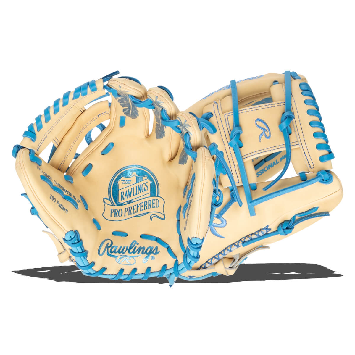 Top-down view of a tan Rawlings Pro Preferred baseball glove with bright blue laces and logos.
