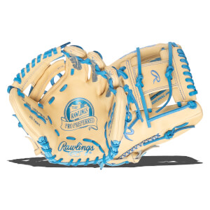 Top-down view of a tan Rawlings Pro Preferred baseball glove with bright blue laces and logos.