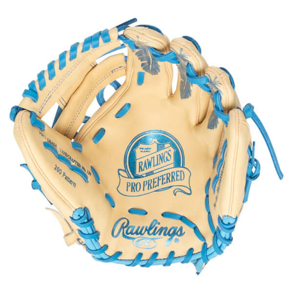 Top-down view of a tan Rawlings Pro Preferred baseball glove with bright blue lacing and palm accents.