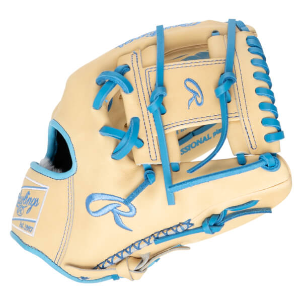 Front view of a tan baseball glove with bright blue laces and stitching, featuring a Rawlings logo.