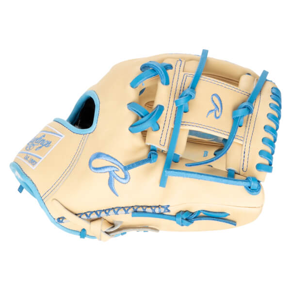 Side view of a tan baseball glove with bright blue lacing and Rawlings logo.