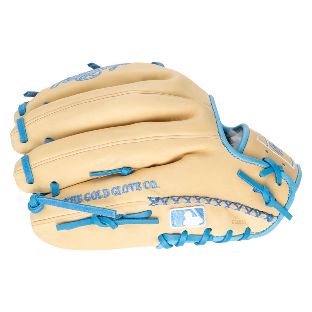 Side view of a tan baseball glove with blue lacing and embroidery that reads "THE GOLD GLOVE CO."