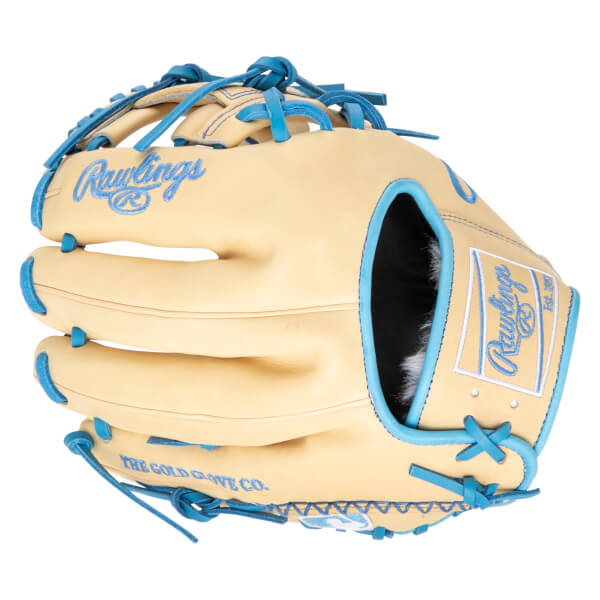 Side view of a tan Rawlings baseball glove with blue lacing and embroidered logos.