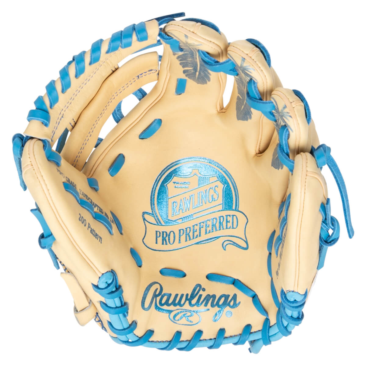 Top-down view of a tan baseball glove with bright blue lacing and palm accents, featuring "Rawlings" and "Pro Preferred" logos.
