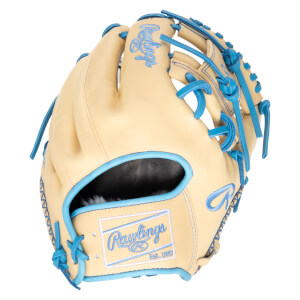 Front view of a tan baseball glove with blue stitching and lacing, featuring the Rawlings logo.
