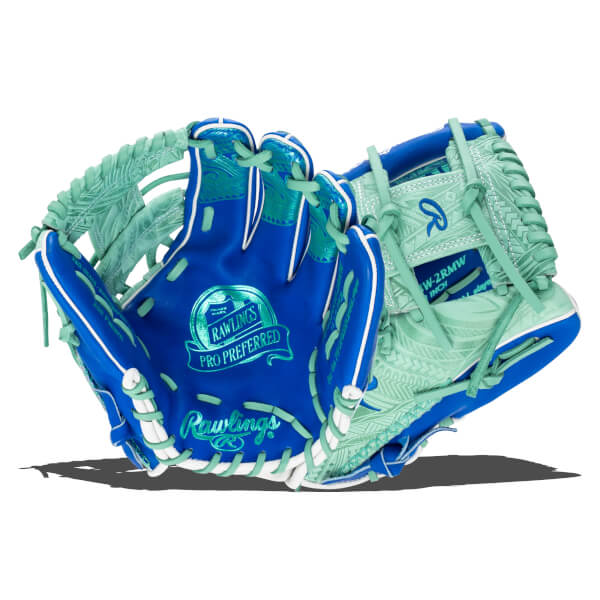 Front view of a blue and mint green Rawlings Pro Preferred baseball glove with embossed patterns and white lacing.