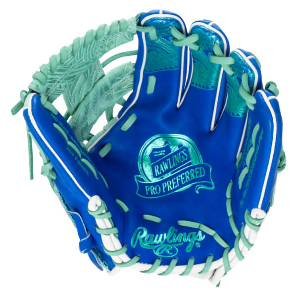 Top-down view of a blue baseball glove with teal Rawlings Pro Preferred logo and white and teal lacing.
