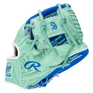 Side view of a mint green baseball glove with blue accents, tribal pattern, and "Rawlings" logo.