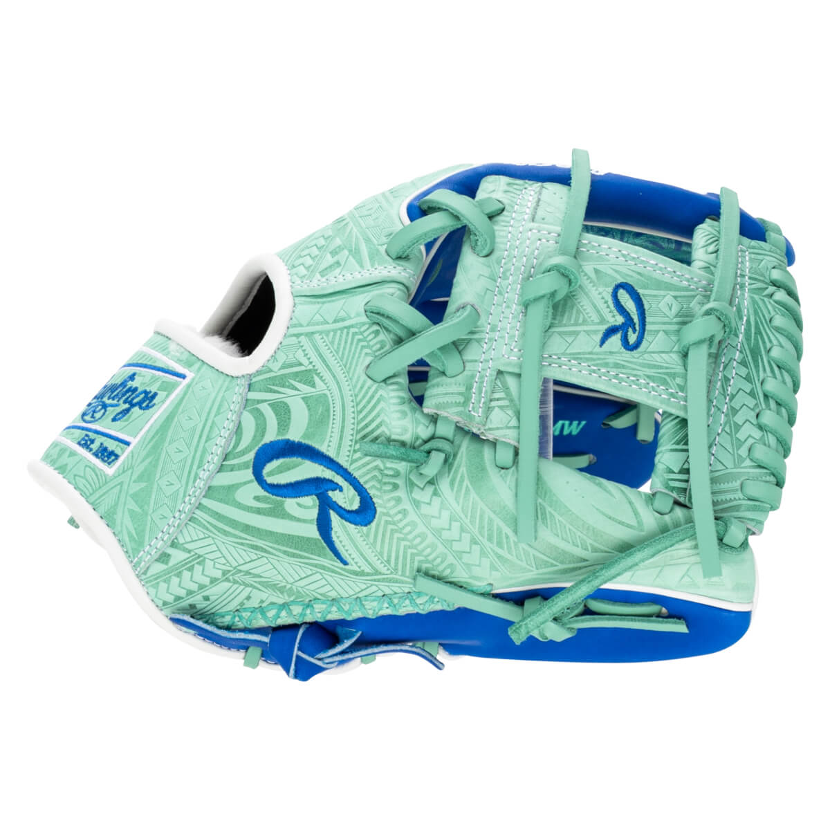 Side view of a mint green baseball glove with blue laces, a tribal pattern, and a blue "R" logo.